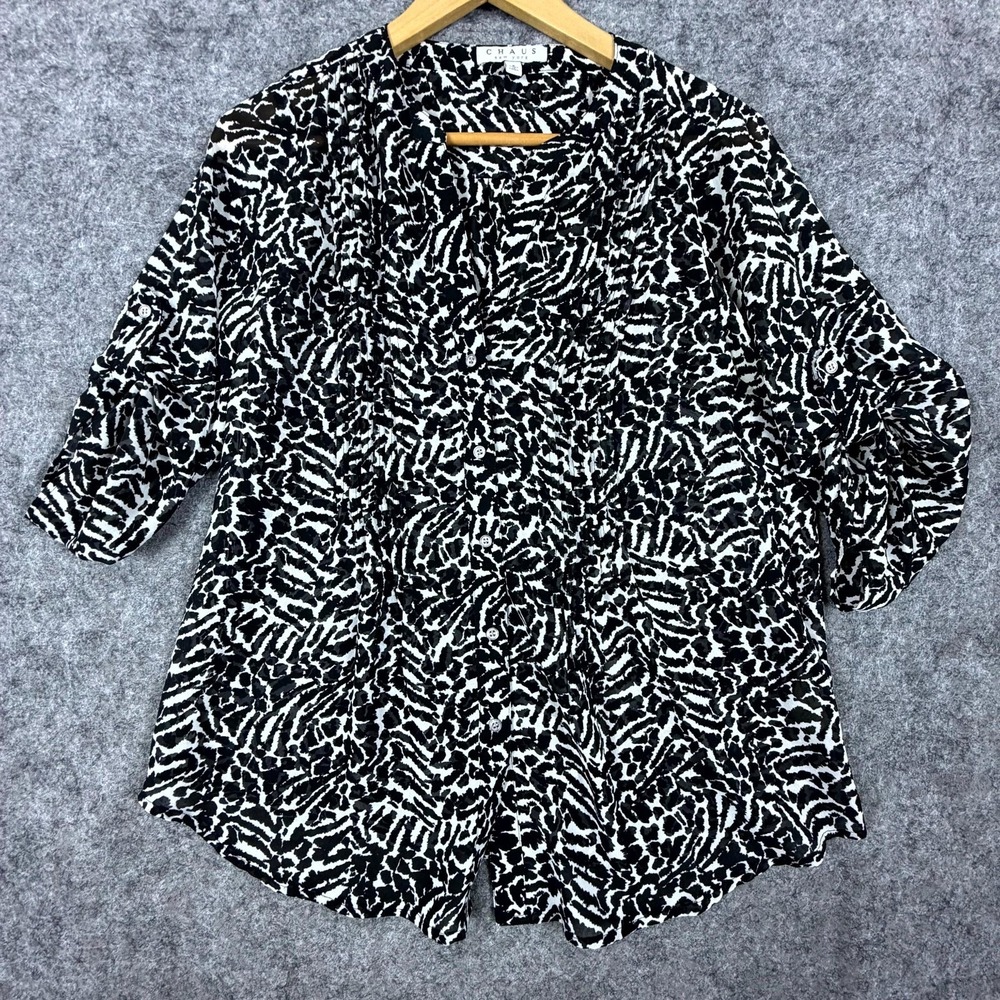 Chaus Blouse Womens Small Black White Animal Print Roll Tab Sleeve Office Top